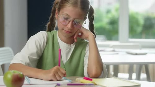 Schoolgirl Studying at School Desk Portrait Girl Child Caucasian Kid Daughter Pupil Student Learner
