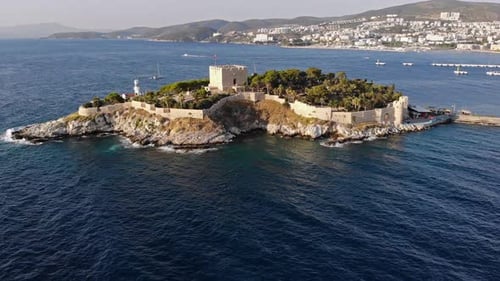 drone view of the castle on the island