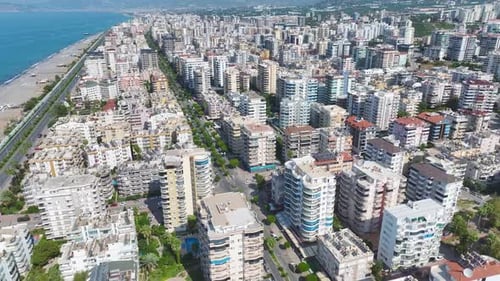 Aerial View Gorgeous Complex With Azure Pool and Water Slides on the Mediterranean Coast