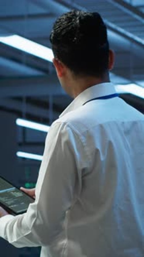 Young Adult Using Tablet in a Modern Data Center