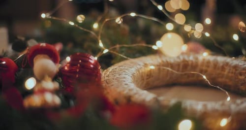 Close Up Of Christmas Wreath Decorated For Christmas Holidays