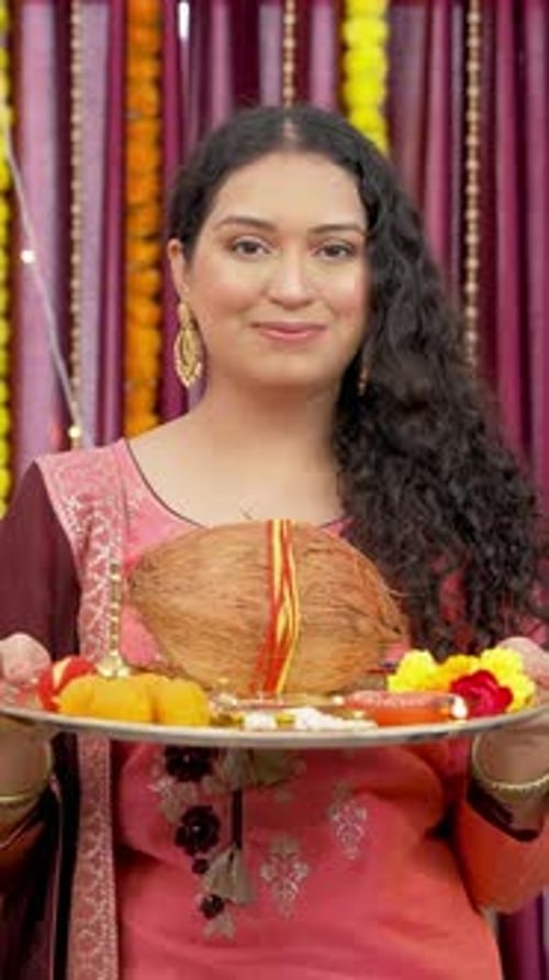 Vidéo verticale de Puja Thali, une Indienne tenant un Puja Thali à l'occasion du festival de Diwali
