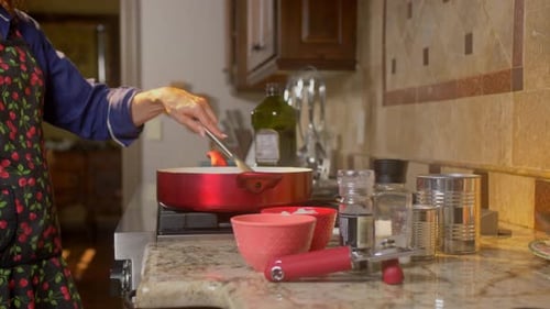 Woman Cooking Food in Bright Kitchen Setting