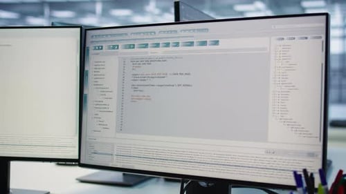 Gros plan des écrans de PC sur le bureau utilisés pour surveiller l'énergie des appareils du centre de données