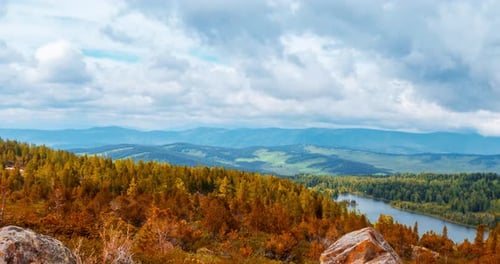 Mountain Lake Timelapse at the Summer or Autumn Time Wild Nature and Rural Field Clouds Movement