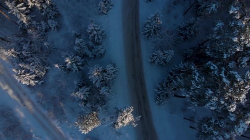Slowly flying towards the above country road in the middle of the cold snowy winter forest. top down