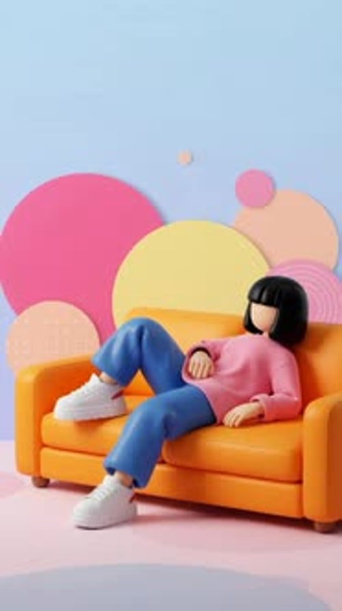 personaje 3D estilizado con cabello negro liso, vestido con una camisa rosa de manga larga