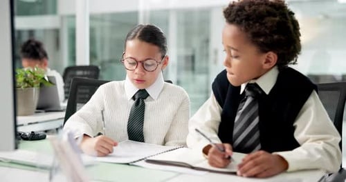 Writing, planning and business children in office for meeting, research