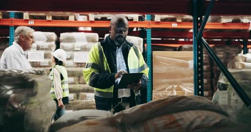 Distribution, man or tablet for inspection in warehouse with inventory check