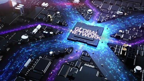 global networking and the internet. computer hardware style city with the effect of computing