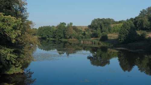 Wunderschöne Landschaft mit Fluss und Wald. Die Bäume sind mit grünen Blättern bedeckt.