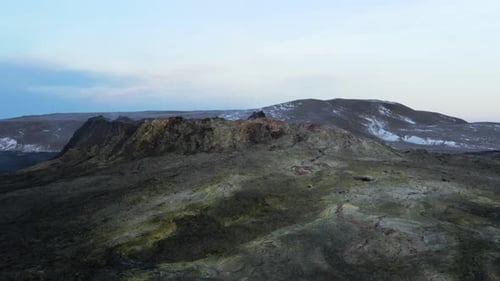 Calm landscape at sleeping Geldingadalsgos volcano in wild Iceland, 2022, aerial