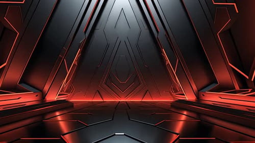 Futuristic, dark, metallic interior with red accents