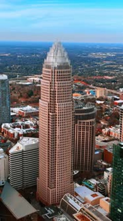 Flying closer to the high-rise building in the uptown of Charlotte, North Carolina, USA.