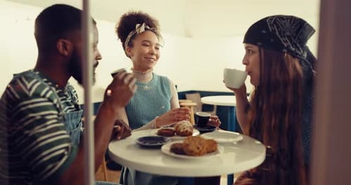 Friends, restaurant and talking in night, coffee shop and happy for chat