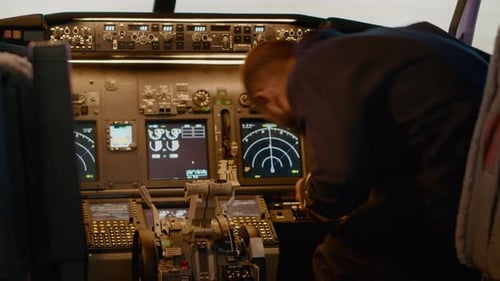 Aviation Captain Putting Coordinates to Fly Airplane to Destination