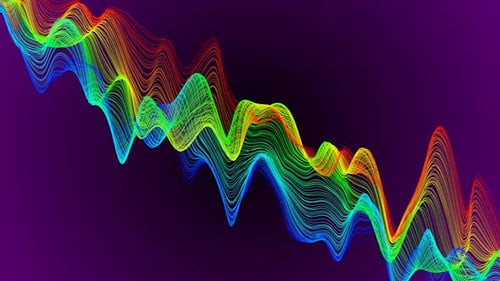 Kurvenlinien, wellenförmiges Netz, bewegte Partikel, geometrischer Hintergrund. Animierter Bandstoff Seide 4k