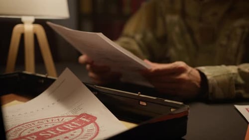 Examining Secret Military Documents Under Desk Lamp Light