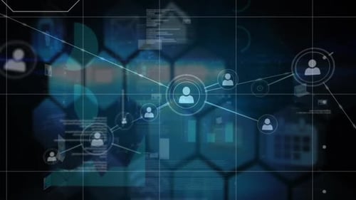 Digital animation of network of connections and data processing against black background