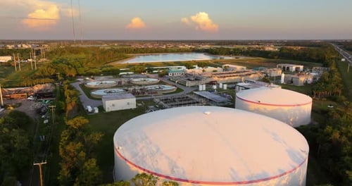 Aerial View of Wastewater Treatment Plant at Sunset