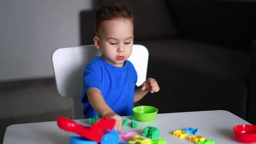 Young Boy Plays with Modeling Clay at Table