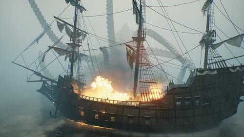 Burning Pirate Ship Attacked by Giant Kraken in Stormy Sea
