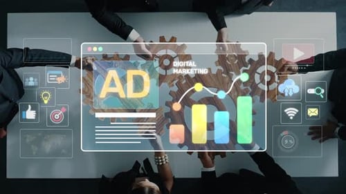Profissionais de negócios envolvidos na estratégia de marketing digital com gráficos e gráficos de visualização de dados