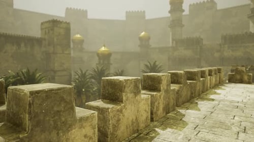 Ancient Fortress Courtyard with Golden Domes and Misty Atmosphere