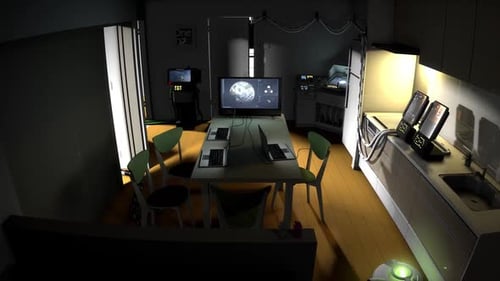 Futuristic Control Room with Rotating Globe and Tech Displays