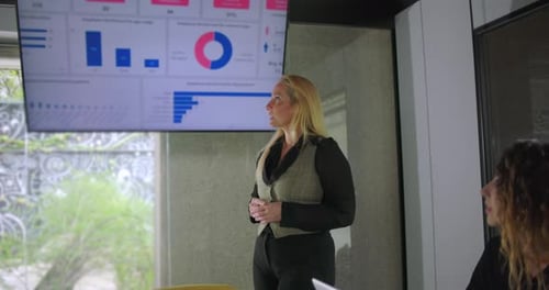 Woman Presenting Data in Modern Office Workplace