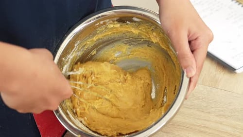 Mixing Dough with Whisk in Bowl, Close Up