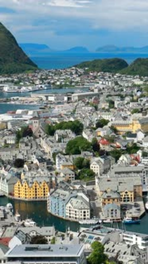 Alesund Norway Aerial View Of Alesund Skyline Cityscape Historical Center In Island Vertical Footage