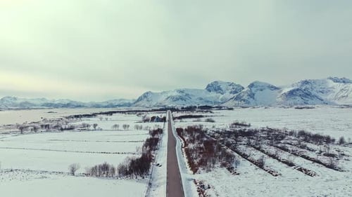 Aerial View of a Serene and Snowy Landscape Featuring a Windy Mountain Road in Winter