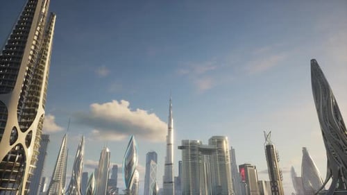 Horizonte animado del futuro de Dubái con edificios de alta tecnología