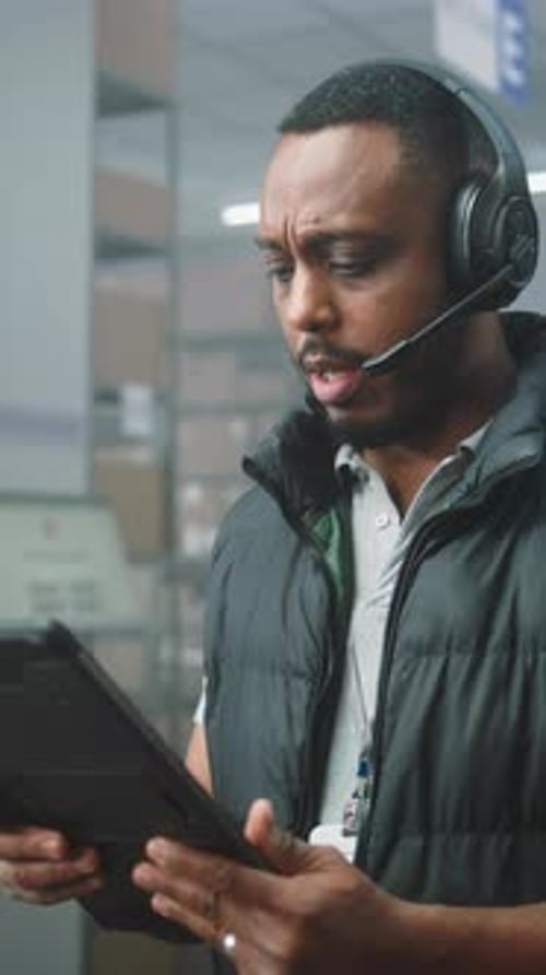 Young Adult Man Using Tablet and Headset in Office