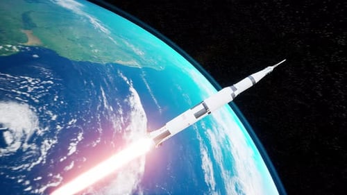 Rakete startet von der Erdoberfläche und steigt in die Umlaufbahn auf