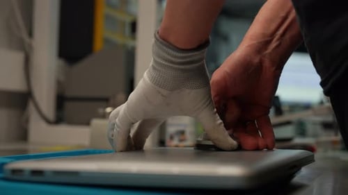Nahaufnahme der Hände eines Technikers, der den Laptop mit einem Saugnapf vorsichtig in der Werkstatt zerlegt