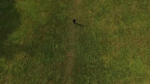 Birds eye view man walking on field alone, man walking drone shot. Man walking on grass from above.