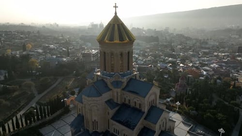 Drone view of Tbilisi city center featuring the Sameba Holy Trinity Cathedral, Georgia.
