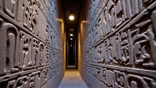 Narrow Ancient Hallway Covered in Hieroglyphs