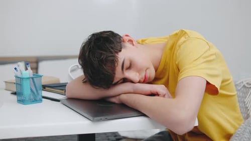 Young Boy Resting His Head on a Desk While Studying in a Bright Minimalistic Room During the