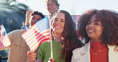 American flag, independence day and friends outdoor for celebration, freedom