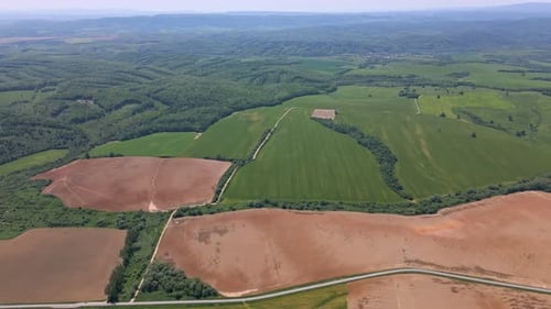 Drone view of fields on a sunny day.