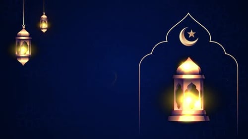 Eid Mubarak Animation Luxury Theme With Lamp, Crescent, Lantern And Particle Background