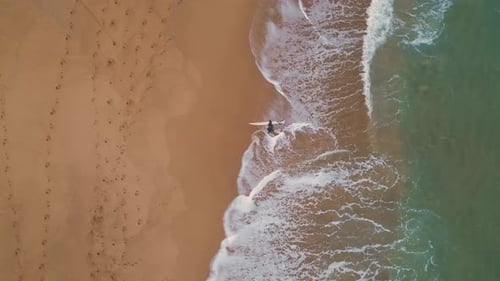 Top View Surfer Walking on Golden Beach Sand Holding Surfboard Ocean Rolling