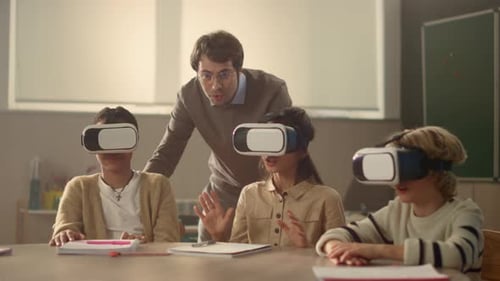 Children Using VR Headsets in Classroom with Teacher