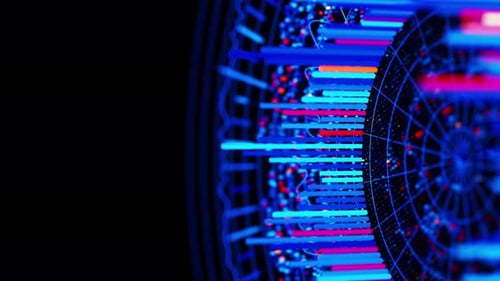 Big Data, complejo, gráfico redondo, animación, universo de computación cuántica, ciberespacio de la tecnología de inteligencia artificial