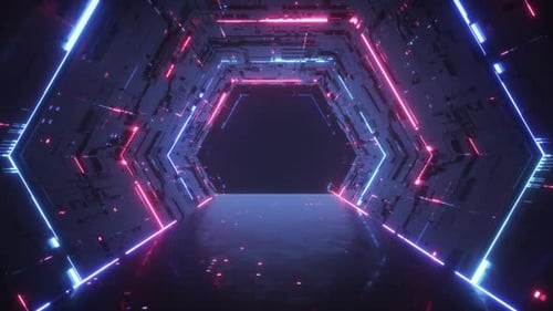 Sci Fi Digital Tunnel With Neon Glowing Lights