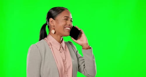 Phone call, green screen and woman talking, online networking and business communication isolated