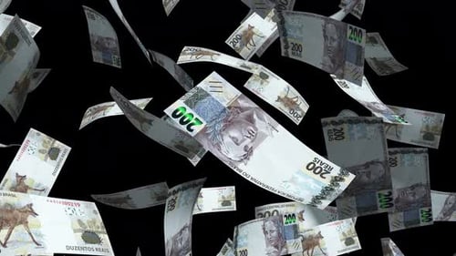 3D animation of Brazilian real notes Falling On green screen